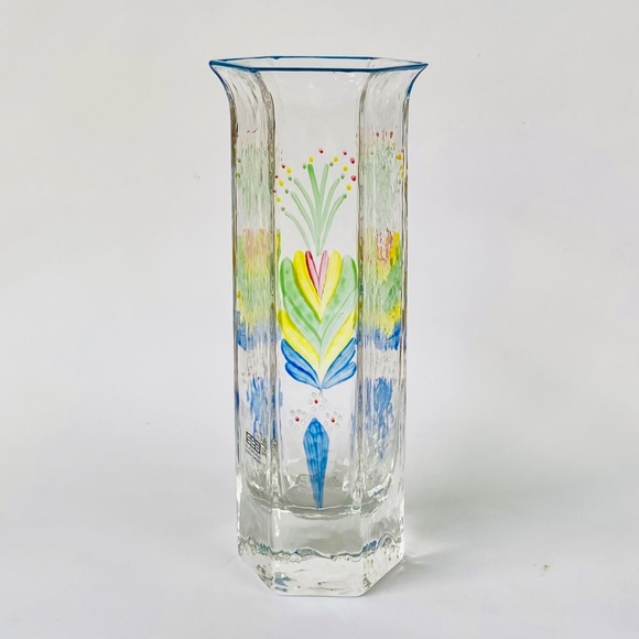 SEA Glasbruk Old Sweden Rune Strand 8" Hexagonal Glass Vase Painted Kurbits *VTG - Picture 3 of 9